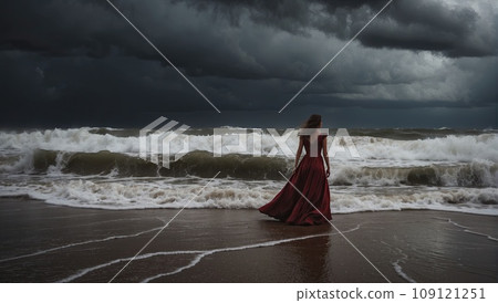 Woman in evening dress in front of stormy sea Woman in evening dress in front of stormy sea 109121251