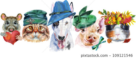 Border from watercolor portraits of dog, guinea pig, cat, mini pig, rabbit and rat Border from watercolor portraits of dog, guinea pig, cat, mini pig, rabbit and rat 109121546