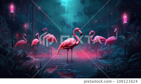 A flock of pink flamingos at night in the jungle A flock of pink flamingos at night in the jungle 109121624