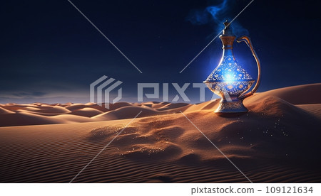 magic lamp with genie in the desert at night magic lamp with genie in the desert at night 109121634
