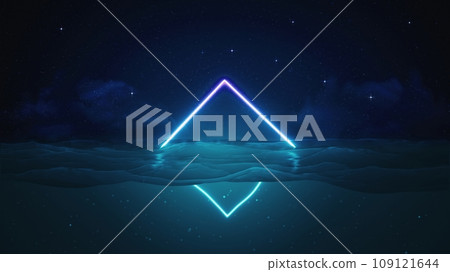 3d render neon rhombus floating in the water against the starry sky 109121644