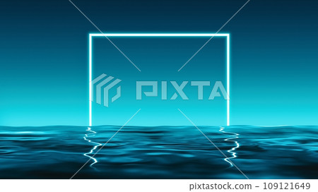 3d render Square neon shape reflected over blue water 3d render Square neon shape reflected over blue water 109121649
