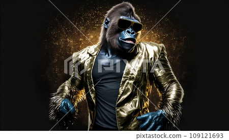 Stylish gorilla in sunglasses and a golden jacket on a black background 109121693