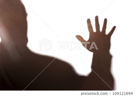 Hand old man covers his face, protest - silhouette, concept 109121694