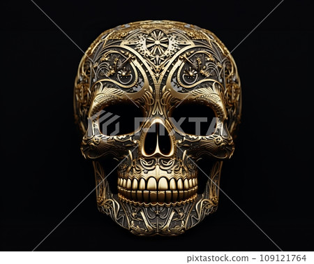 Gold detailed patterned skull on a dark background 109121764