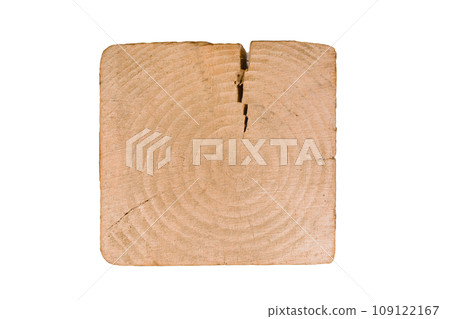 Wooden block plank with cracked wood square object close-up on white background isolated 109122167