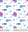 Seamless fabric with fish, algae and jellyfish. Background, wallpaper or paper. Vector illustration 109122218