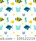 Seamless fabric with colorful fish, moon fish and seahorse. Background or wallpaper. 109122219