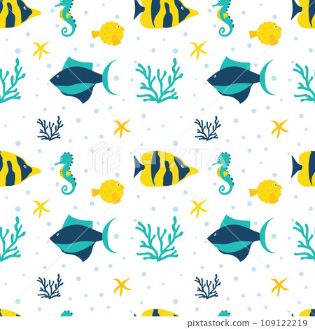 Seamless fabric with colorful fish, moon fish and seahorse. Background or wallpaper. 109122219