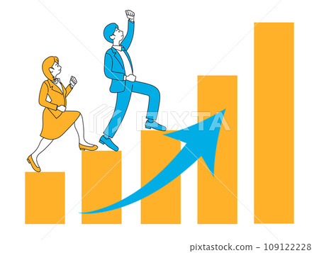 一個穿著西裝的男人和一個女人爬上向右上升的長條圖。 一個穿著西裝的男人和一個女人爬上向右上升的長條圖。 109122228
