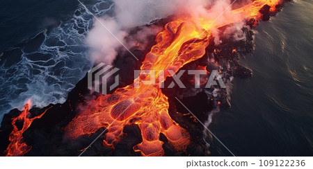 Aerial view to flowing lava from the volcano, amazing nature concept Aerial view to flowing lava from the volcano, amazing nature concept 109122236
