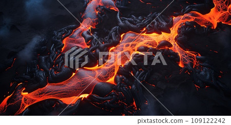 Aerial view to flowing lava from the volcano, amazing nature concept Aerial view to flowing lava from the volcano, amazing nature concept 109122242