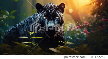 Black panther with black fur rather than the typical spotted coatin a nature, wildlife concept 109122252