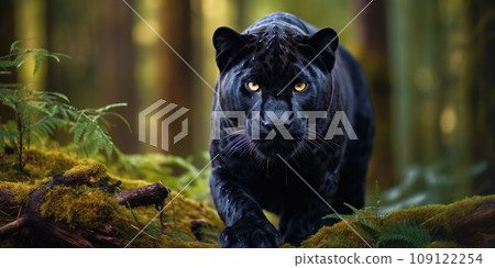 Black panther with black fur rather than the typical spotted coatin a nature, wildlife concept 109122254