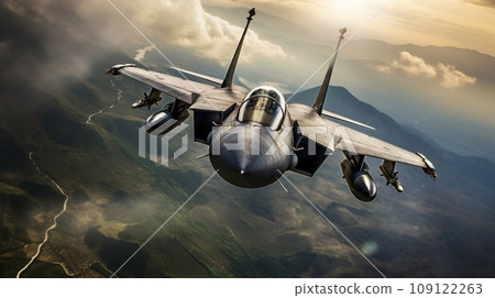Flying fighter with military ammunition during war conflict, warfare concept Flying fighter with military ammunition during war conflict, warfare concept 109122263