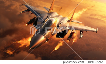 Flying fighter with military ammunition during war conflict, warfare concept Flying fighter with military ammunition during war conflict, warfare concept 109122264
