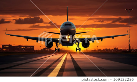Airplane landing at the airport during summer sunset, transportation concept Airplane landing at the airport during summer sunset, transportation concept 109122286