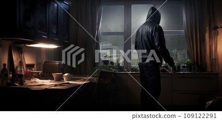Burglar or thief robbing the house at night, a burglary concept Burglar or thief robbing the house at night, a burglary concept 109122291