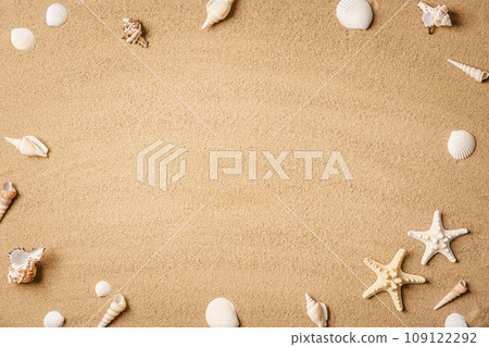 starfishes and sea shells on sand starfishes and sea shells on sand 109122292
