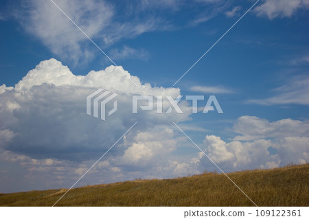 Landscape blue clouds grass field and horizon - background Landscape blue clouds grass field and horizon - background 109122361