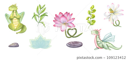 Yoga. Waterlily, plants, stone. Dragons in various poses of yoga, practicing fitness exercises. Pink Lotus flower with stem curving in the shape of heart. Watercolor illustration for label, logo 109123412