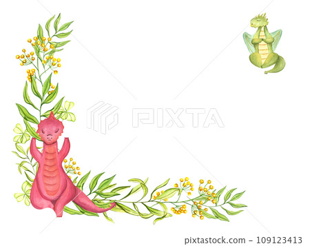 Frame with of stylish red, green Dragons in various poses of yoga. Animal meditation. Blooming yellow flowers, young plants. Dragons practicing fitness exercises. Watercolor illustration 109123413