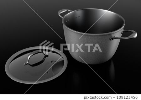 Stainless steel cooker with lid and chrome cookware on black background Stainless steel cooker with lid and chrome cookware on black background 109123456