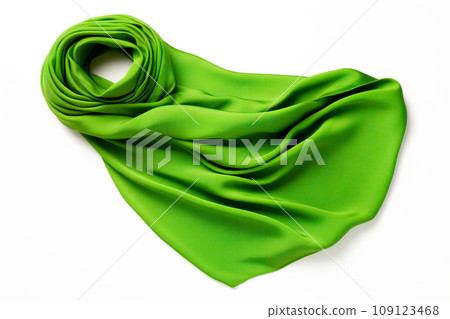Green silk scarf levitating and isolated on white background. Winter warm scarf 109123468