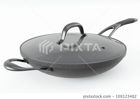 Stainless steel frying pan with glass lid and chrome cookware on white Stainless steel frying pan with glass lid and chrome cookware on white 109123482