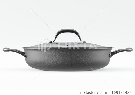 Stainless steel frying pan with glass lid and chrome cookware on white 109123485