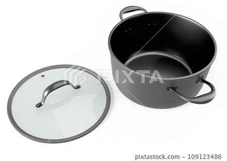 Stainless steel cooker with lid and chrome cookware on white background 109123486