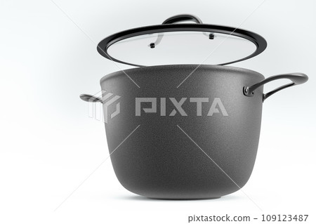 Stainless steel cooker with lid and chrome cookware on white background 109123487