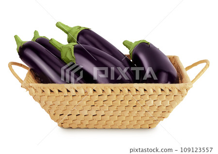 eggplant in a wicker basket isolated on white background with full depth of field 109123557