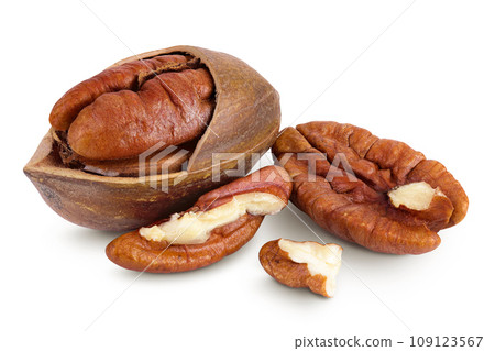 broken pecan nut isolated on white background with full depth of field 109123567