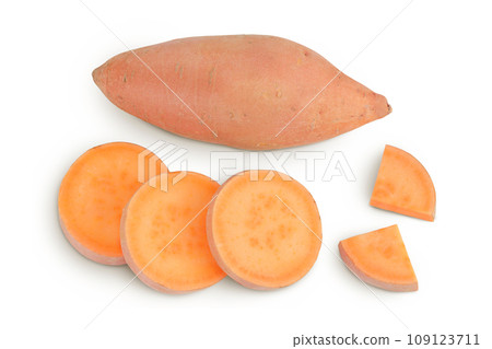 Sweet potato with slices isolated on white background. Top view. Flat lay Sweet potato with slices isolated on white background. Top view. Flat lay 109123711
