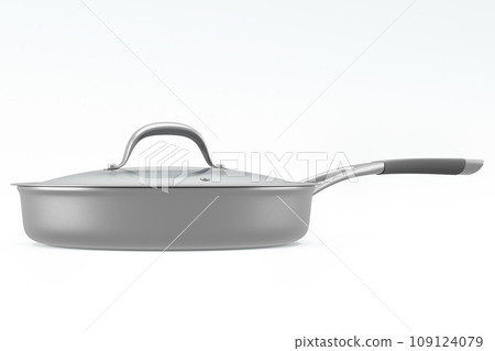 Stainless steel frying pan with glass lid and chrome cookware on white 109124079