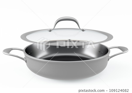 Stainless steel frying pan with glass lid and chrome cookware on white Stainless steel frying pan with glass lid and chrome cookware on white 109124082