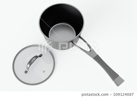Stainless steel cooker with lid and chrome cookware on white background 109124087