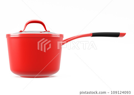 Stainless steel red cooker with lid and chrome cookware on white background Stainless steel red cooker with lid and chrome cookware on white background 109124093