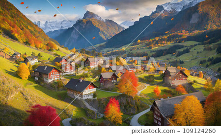 Small village in mountain landscape in autumn season. Rural townin Europe, typical Alps landscape, travel destination .ai generated Small village in mountain landscape in autumn season. Rural townin Europe, typical Alps landscape, travel destination .ai generated 109124260