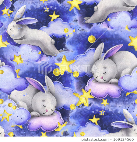 A cute gray bunny sleeps on the clouds among the stars against the background of the night sky. Watercolor illustration children's hand drawn. Seamless pattern on a blue background. A cute gray bunny sleeps on the clouds among the stars against the background of the night sky. Watercolor illustration children's hand drawn. Seamless pattern on a blue background. 109124560