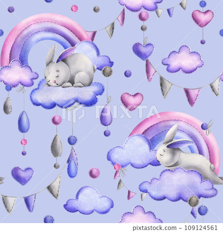 Cute bunny, sewn from fabric with thread stitches, sleeping on a rainbow with clouds and hanging raindrops. Watercolor illustration hand drawn. Seamless pattern on a blue background Cute bunny, sewn from fabric with thread stitches, sleeping on a rainbow with clouds and hanging raindrops. Watercolor illustration hand drawn. Seamless pattern on a blue background 109124561
