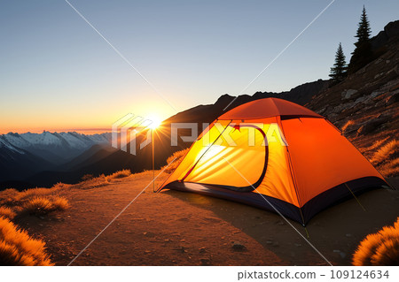 Camping tent high in the mountains at sunset 109124634