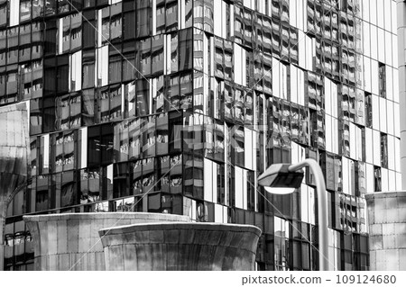 A building street in Umeda, Osaka. Sharp and sophisticated buildings captured in black and white 109124680