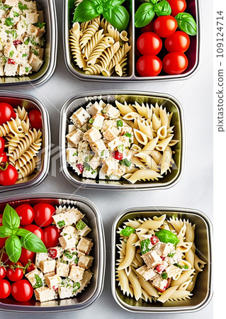 Prepared diet Lunches in lunch boxes: pasta, parmesan, lettuce, cherry tomatoes with basil. Prepared diet Lunches in lunch boxes: pasta, parmesan, lettuce, cherry tomatoes with basil. 109124714