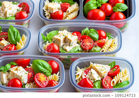 Prepared diet Lunches in lunch boxes: pasta, parmesan, lettuce, cherry tomatoes with basil. Prepared diet Lunches in lunch boxes: pasta, parmesan, lettuce, cherry tomatoes with basil. 109124715