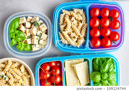 Prepared diet Lunches in lunch boxes: pasta, parmesan, lettuce, cherry tomatoes with basil. 109124744