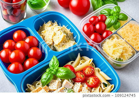 Prepared diet Lunches in lunch boxes: pasta, parmesan, lettuce, cherry tomatoes with basil. Prepared diet Lunches in lunch boxes: pasta, parmesan, lettuce, cherry tomatoes with basil. 109124745