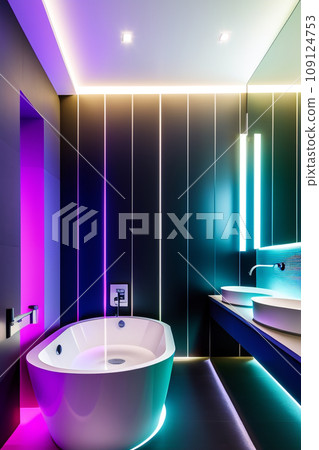 The interior of a modern futuristic bathroom in bright colors. The interior of a modern futuristic bathroom in bright colors. 109124753