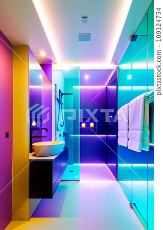 The interior of a modern futuristic bathroom in bright colors. The interior of a modern futuristic bathroom in bright colors. 109124754